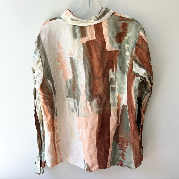 Linda Allard Ellen Tracy women’s linen silk blend button down watercolor blouse - Picture 5 of 9